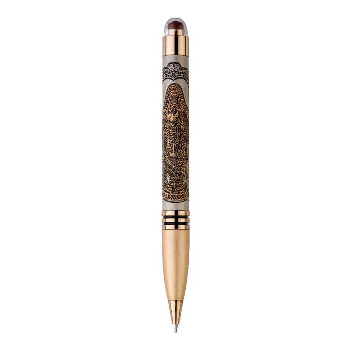 Decorative pen with gold and bronze accents on a white background