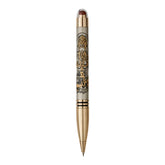 Decorative pen with gold and silver design on a white background