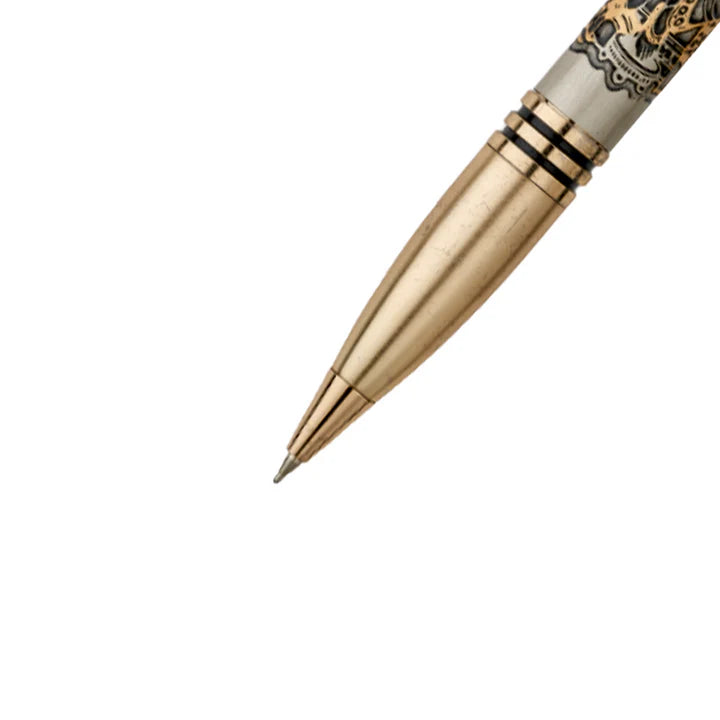 Gold pen with intricate design on a white background