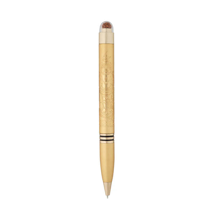Gold pen with decorative elements on a white background