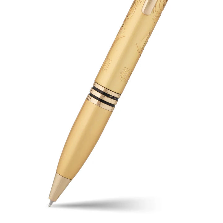 Gold pen with detailed design on a white background