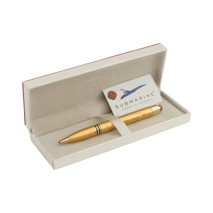 Gold pen in a box with a card inside, on a white background