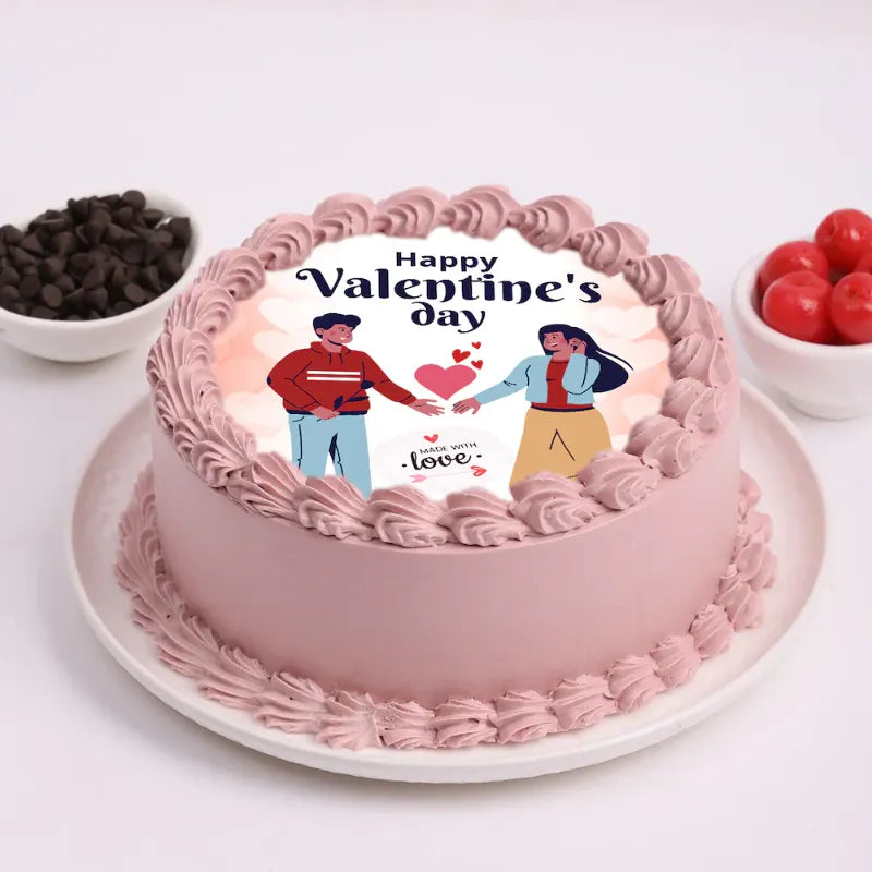 Valentine Chocolate Cream Cake - Valentine's Day Cakes Online featuring pink frosting and a romantic couple design, perfect for gifting loved ones.