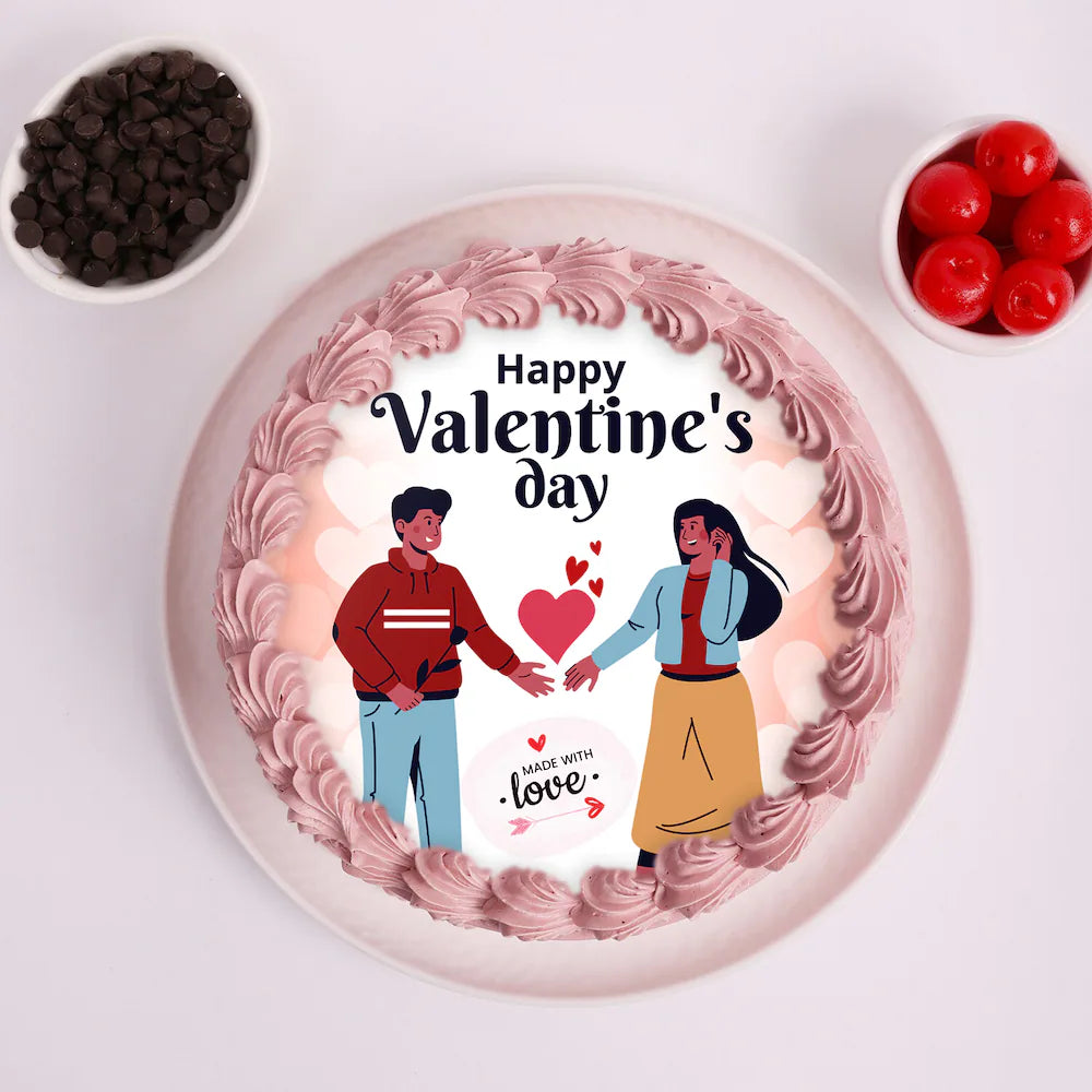 Round Valentine Chocolate Cream Cake with heart-themed couple illustration, ideal for Valentine's Day celebrations and online cake delivery.