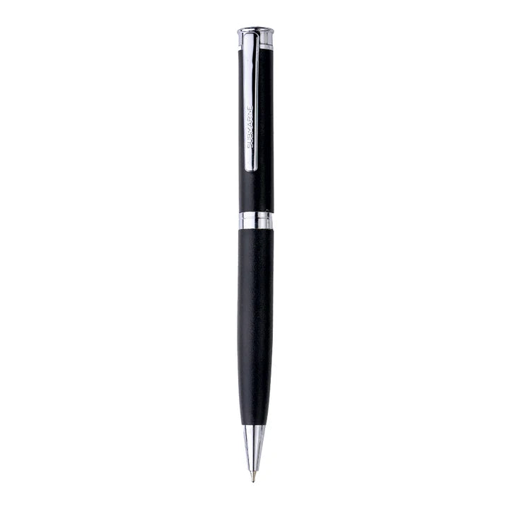 Black pen with silver accents on a white background