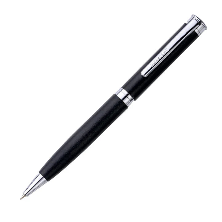 Black pen with silver accents on a white background