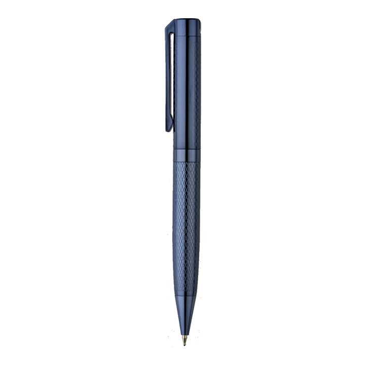 Blue pen with a textured finish on a white background