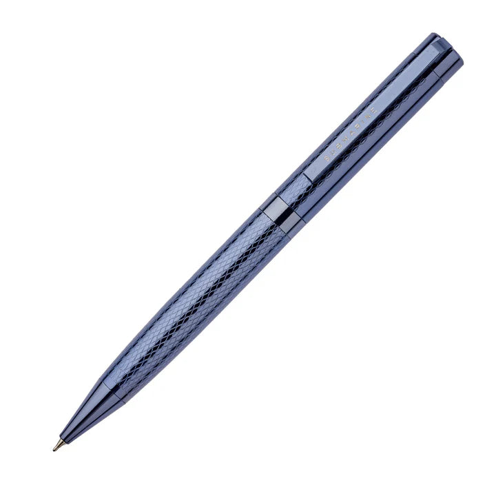 Blue pen with a metallic finish on a white background