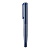 Blue pen with a silver clip on a white background