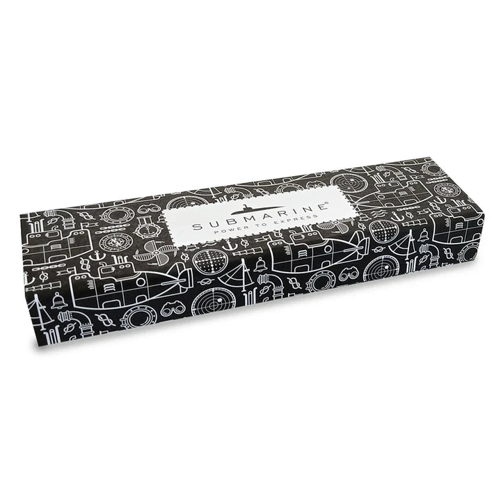 Black box with white submarine-themed illustrations on a white background