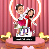 Personalised Bollywood Inspired Caricature for Valentine on a pink stage with heart decor, showcasing custom couple names and vibrant design.
