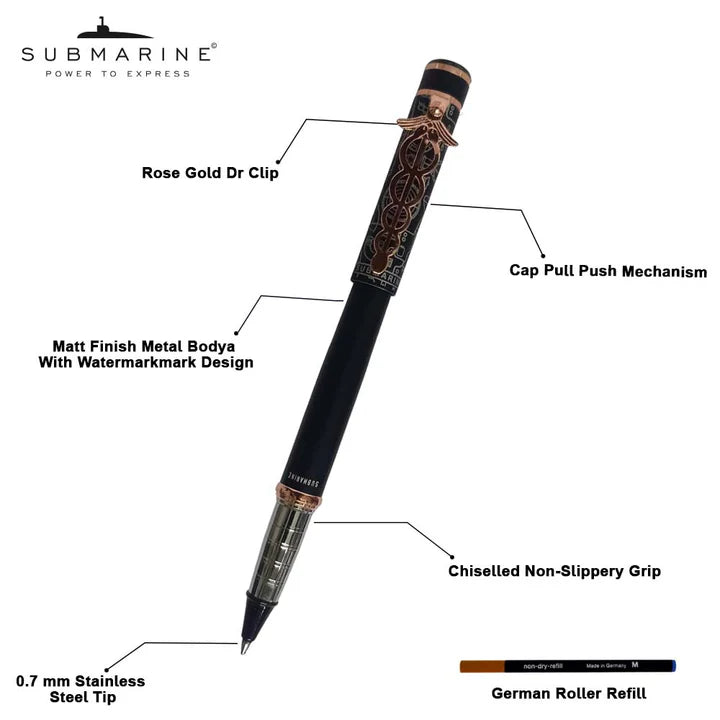 Pen with labeled features on a white background, featuring the brand 'Submarine'.