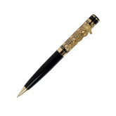 Decorative pen with black and gold design on a white background
