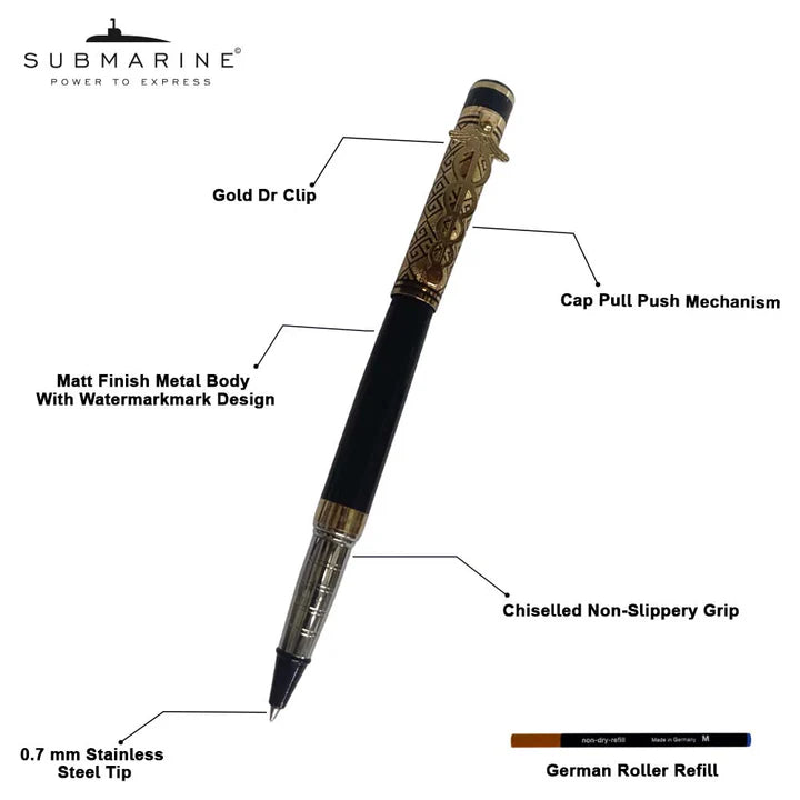 Detailed diagram of a pen with labeled features on a white background, featuring the Submarine brand.