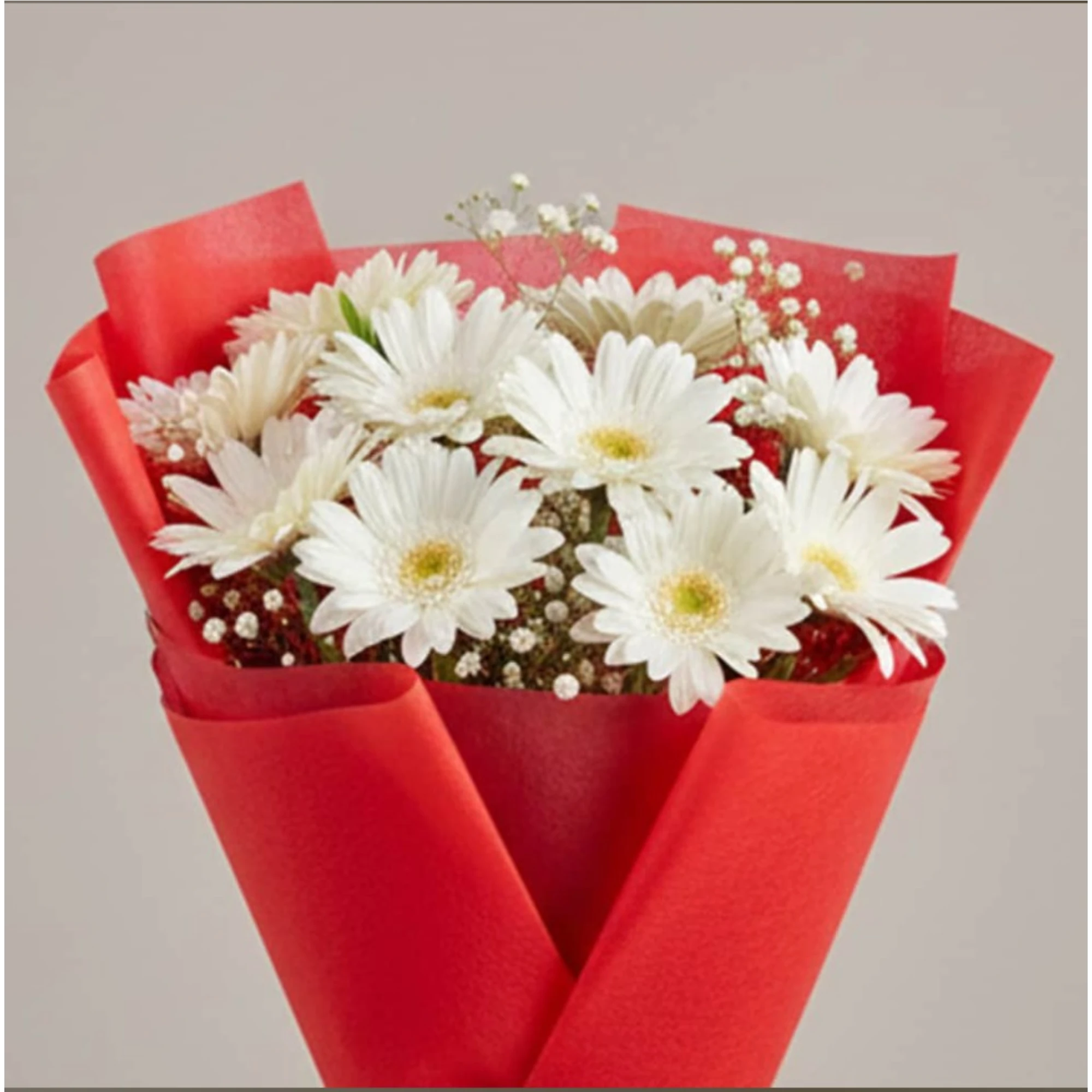 Detailed view of white daisies bouquet with red paper