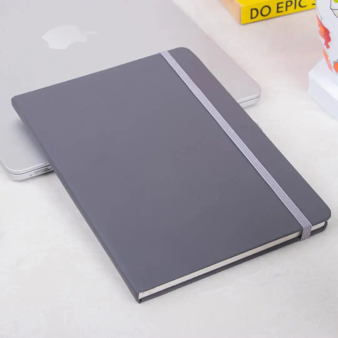 Grey Fluct PRO A5 Diary for organized planning, featuring a sleek elastic closure and minimalist design, ideal for office or corporate use.