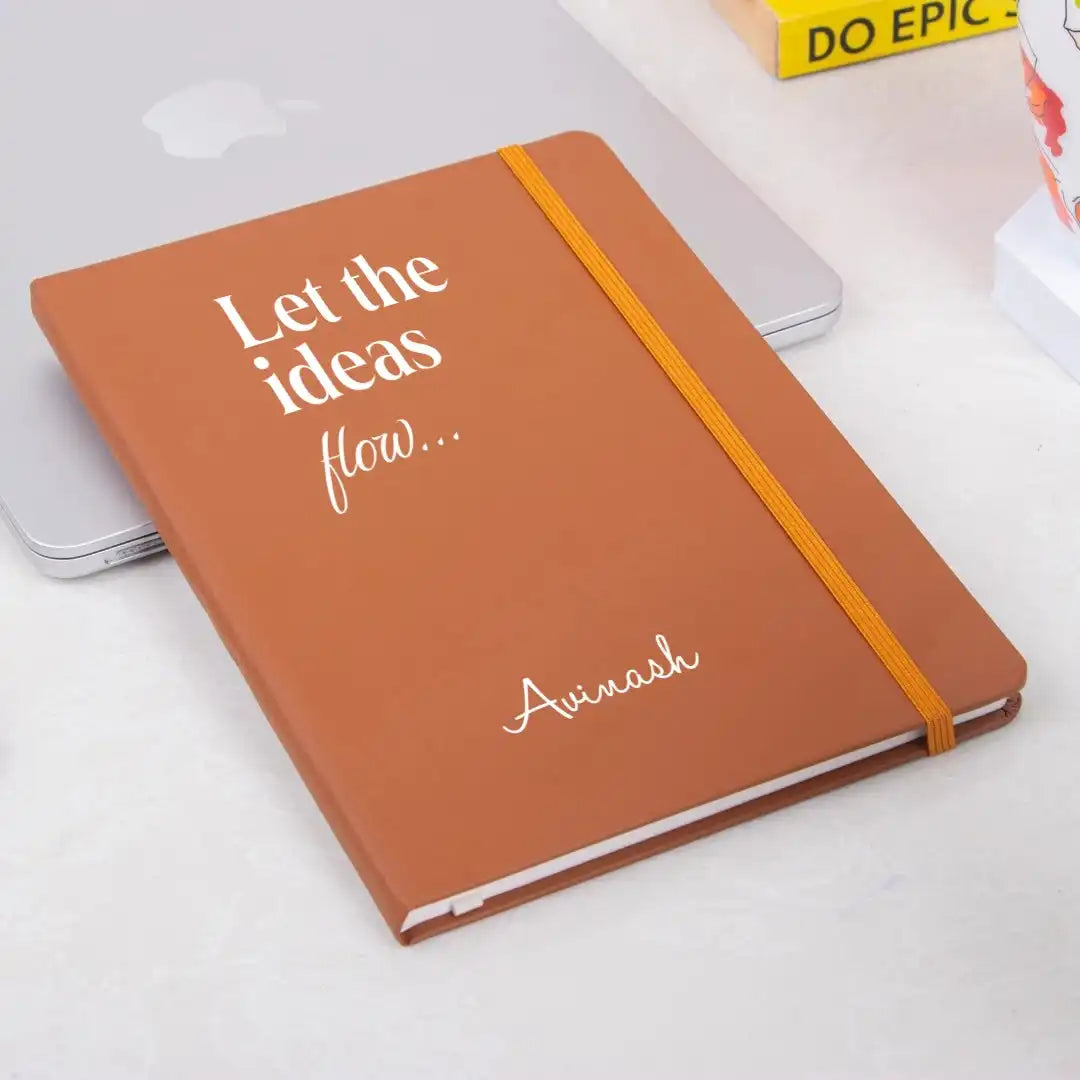 Creativity Thrives Personalized Diary in brown with 'Let the ideas flow' quote and custom name, ideal for planning and tracking goals daily.