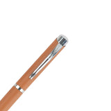 Pen with brown body and silver accents on a white background