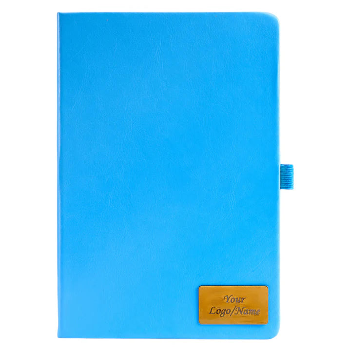 Blue notebook with a gold patch on a white background