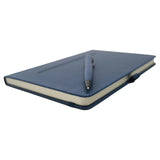 Blue notebook with a pen on a white background