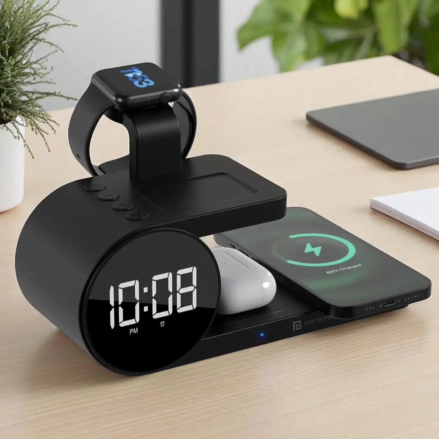 Black multi-device charging station with digital clock on a desk