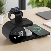 Black multi-device charging station with digital clock on a desk