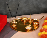 Gold Plated Stainless Steel Pooja Thali with Brass Accessories