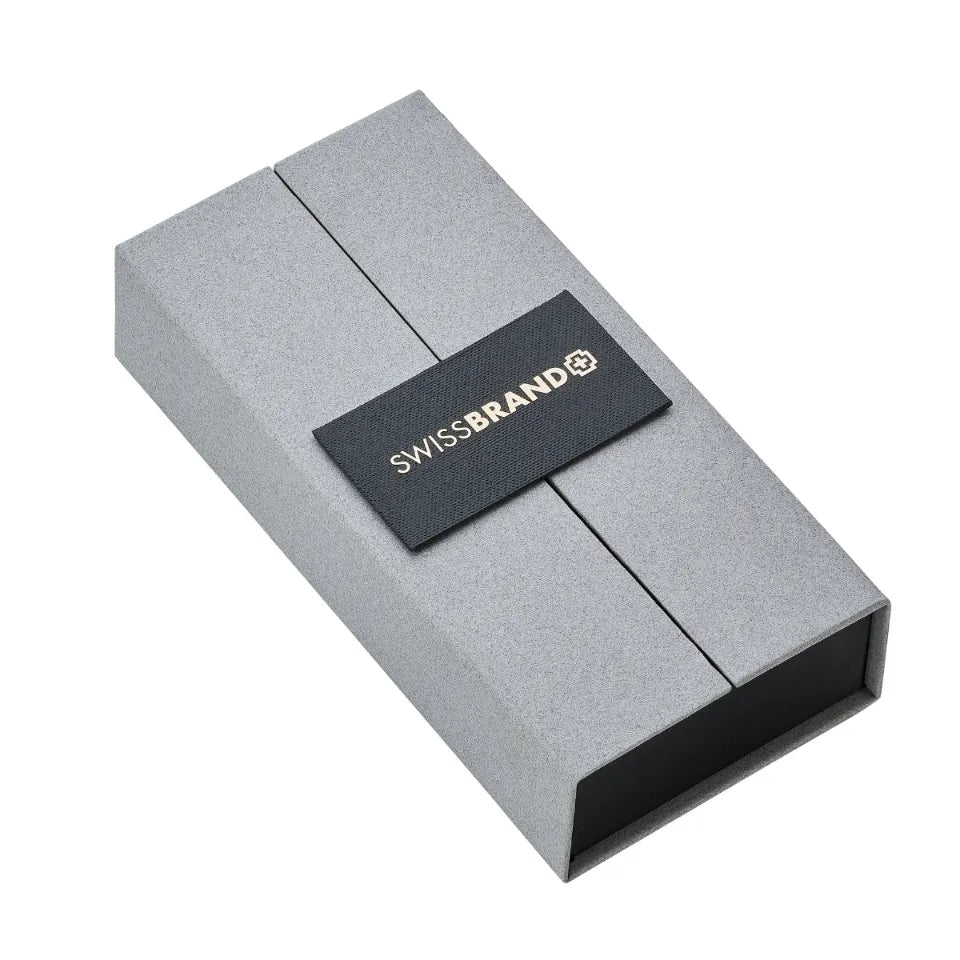 Gray packaging box with a black label featuring 'SWISSBRAND' on a white background