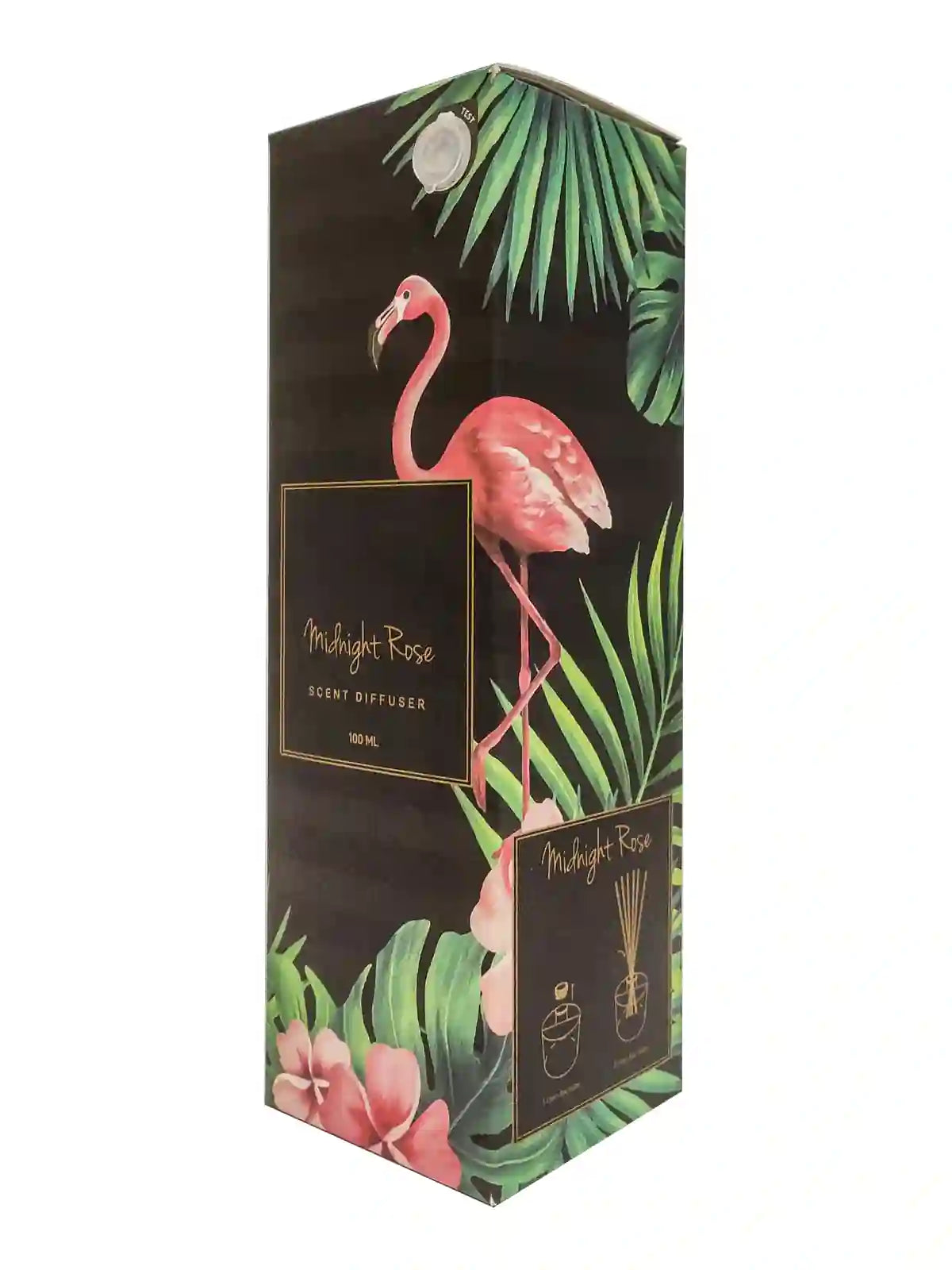 Decorative box with flamingo and leaf design, featuring the brand 'Midnight Rose'.