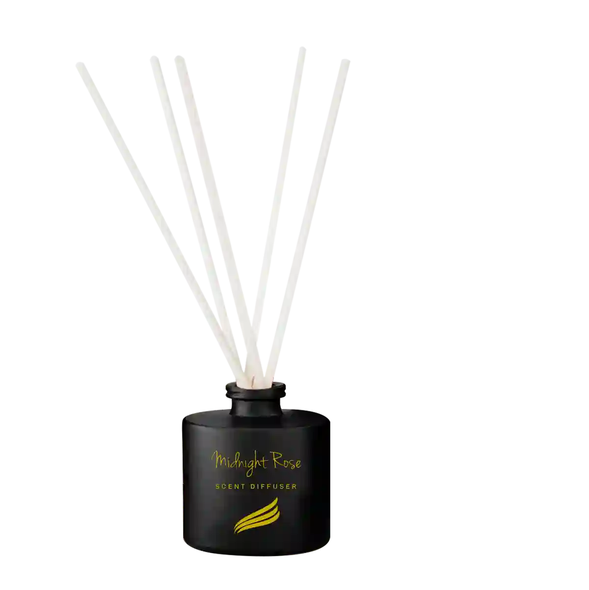 Black scented diffuser with white sticks on a white background