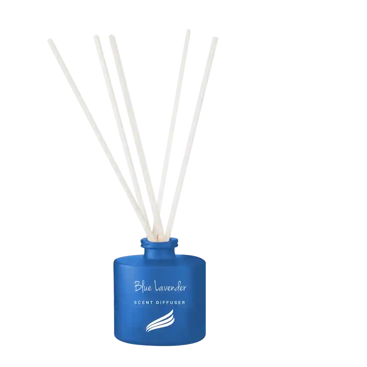 Blue lavender scented diffuser with white sticks on a white background