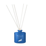 Blue lavender scented diffuser with white sticks on a white background