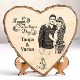Personalized heart shape wooden plank with engraved couple photo and 'Happy Valentine's Day' text, ideal for romantic gifting.
