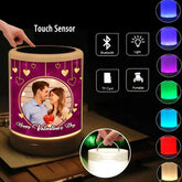 Personalized Bluetooth speaker for Valentine with LED light, touch sensor, and custom couple photo, ideal for romantic gifting.
