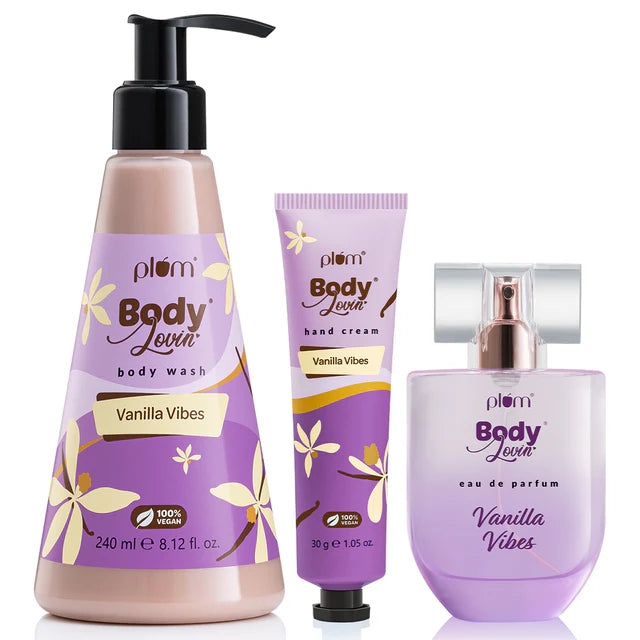 Vanilla Crushin' bath and body Trio set with Plum Body Wash, Hand Cream, and Eau de Parfum in Vanilla Vibes scent for soft, fragrant skin.