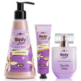 Vanilla Crushin' bath and body Trio set with Plum Body Wash, Hand Cream, and Eau de Parfum in Vanilla Vibes scent for soft, fragrant skin.