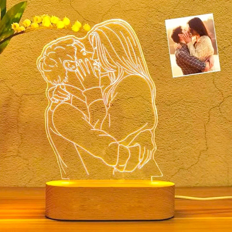 Custom LED hologram lamp with engraved couple photo, glowing warm light and wooden base. Great for engagements, Hug Day, or romantic decor.