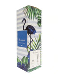 Decorative diffuser packaging with flamingo and leaf design on a white background