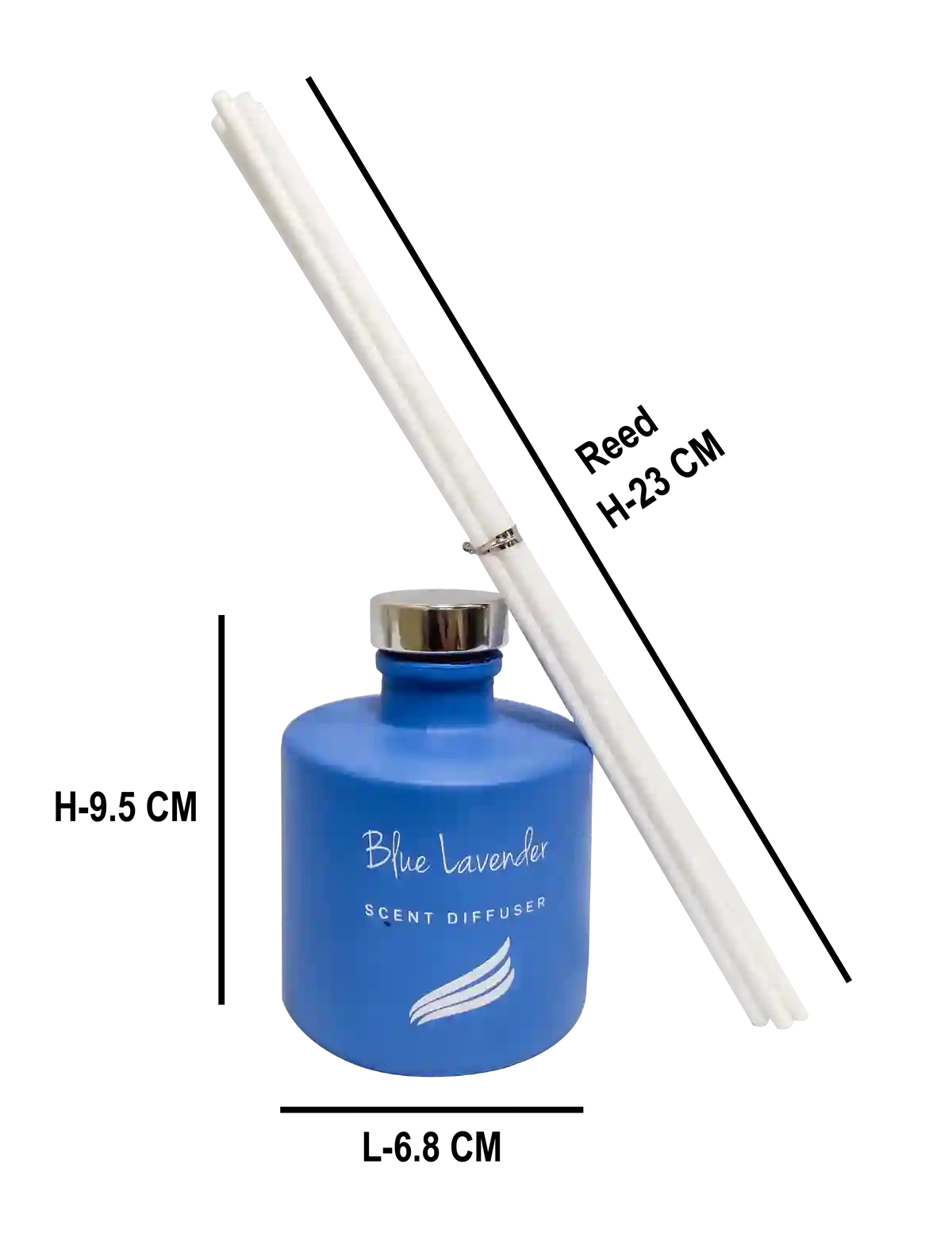 Blue lavender scented diffuser with reed and measurements on a white background