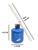 Blue lavender scented diffuser with reed and measurements on a white background