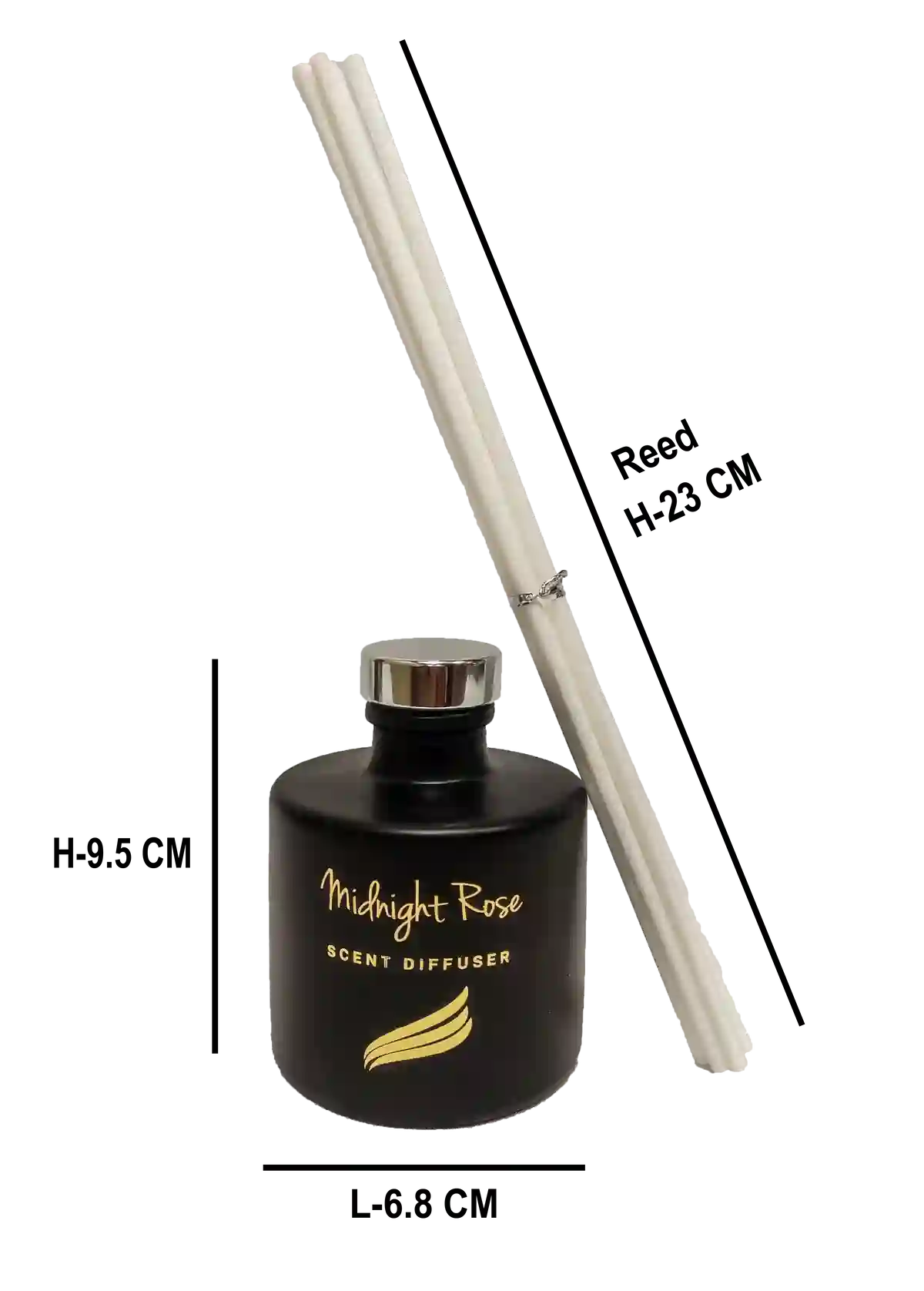 Midnight Rose scented diffuser with reeds and measurements on a white background