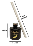 Midnight Rose scented diffuser with reeds and measurements on a white background