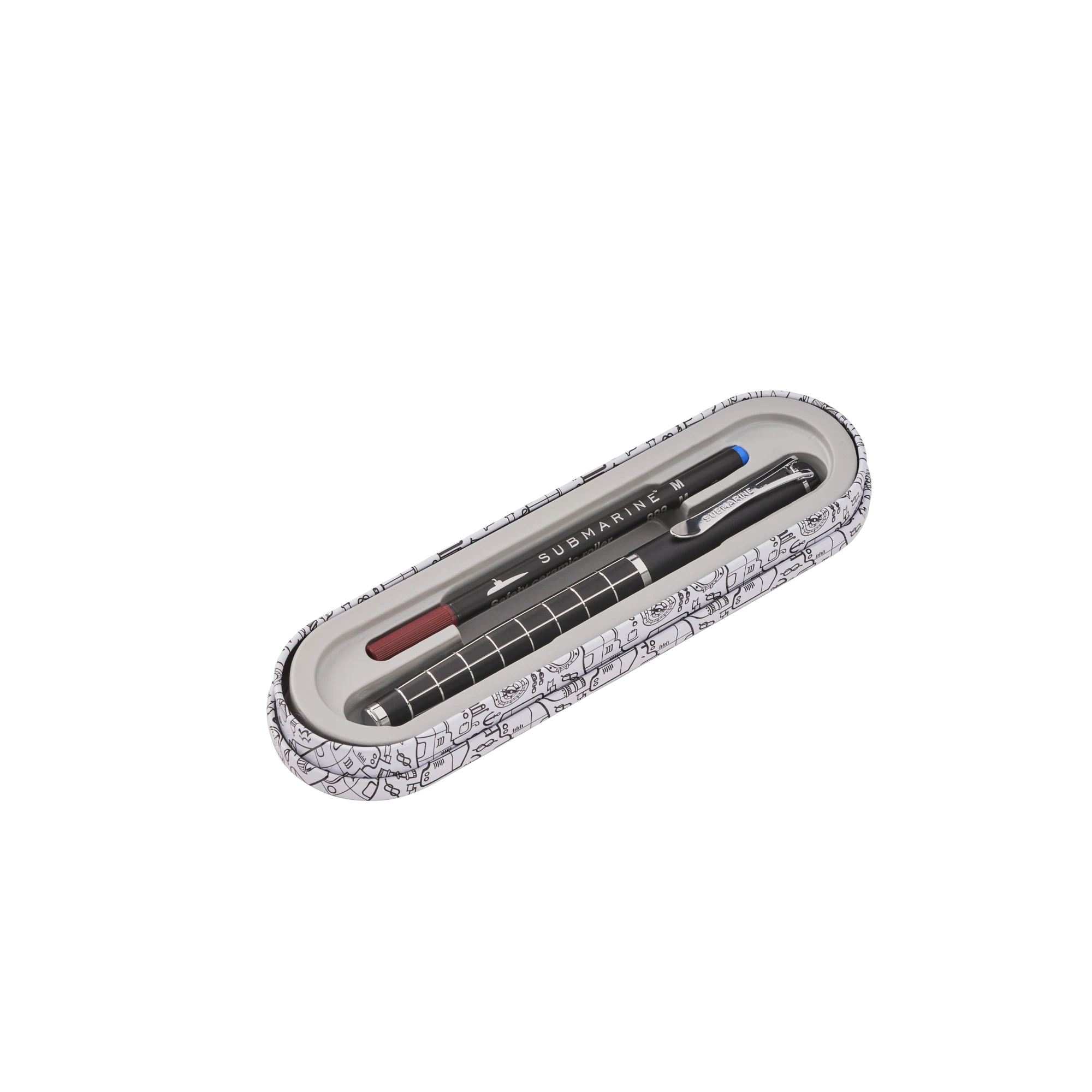 Pen set with a branded case on a white background