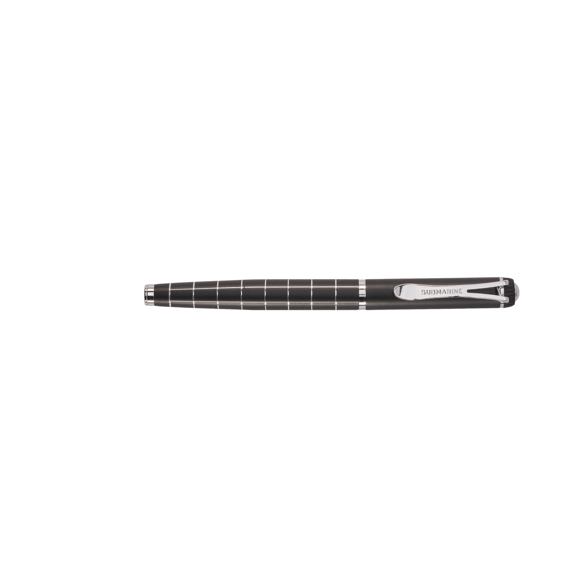 Black pen with a silver clip on a white background
