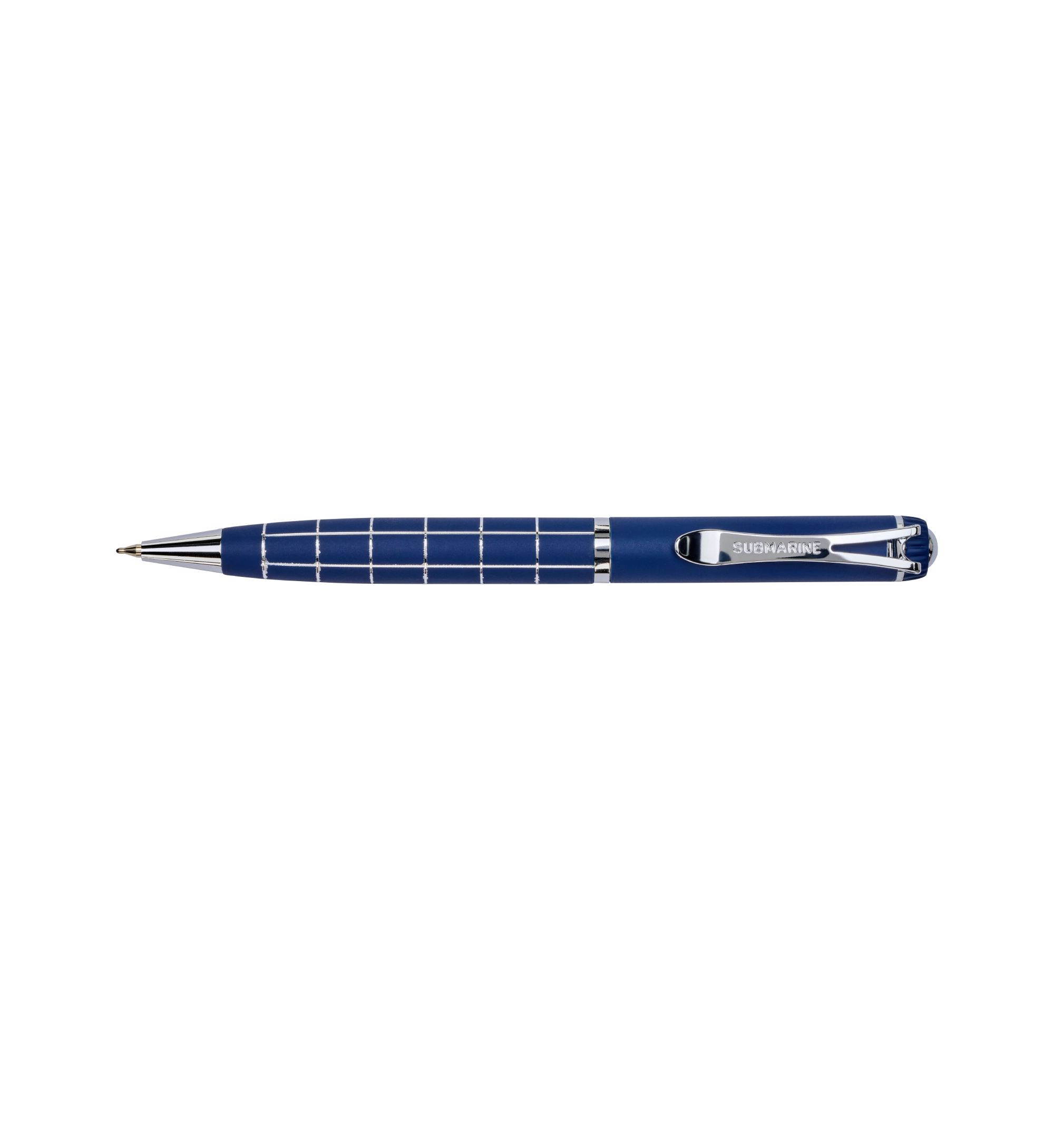 Blue pen with a grid pattern on a white background