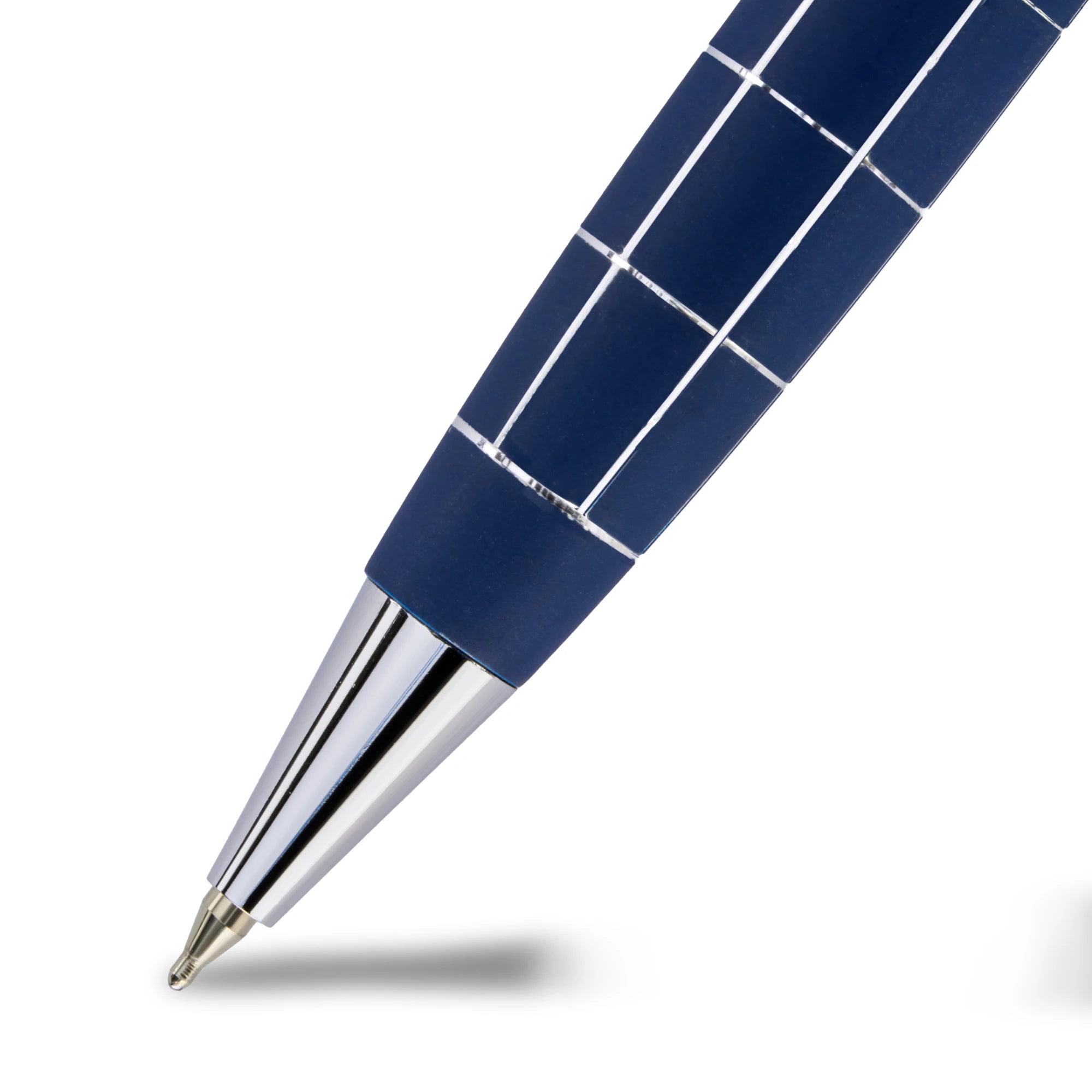 Blue pen with a silver clip on a white background