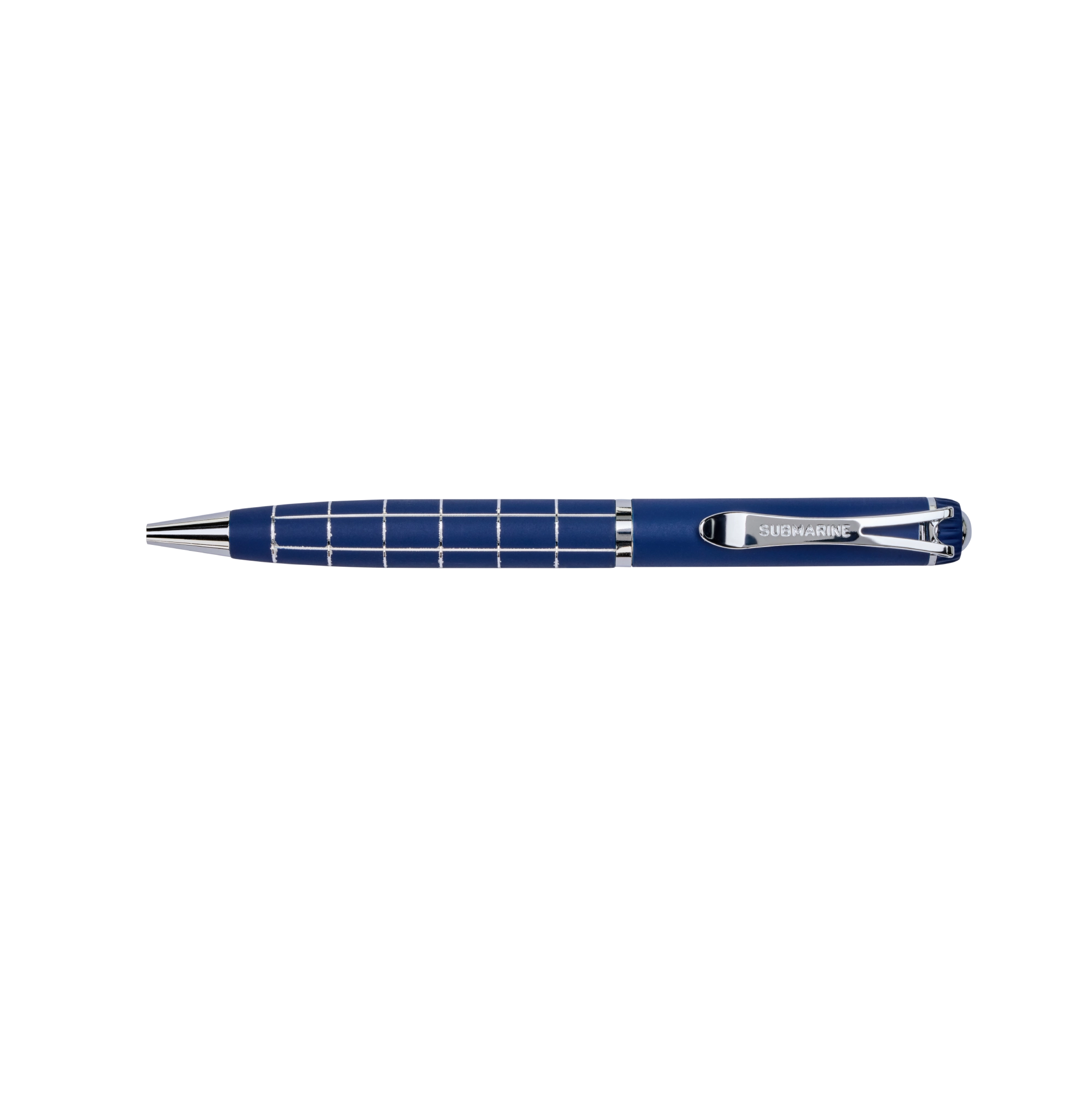 Blue pen with a silver clip on a white background
