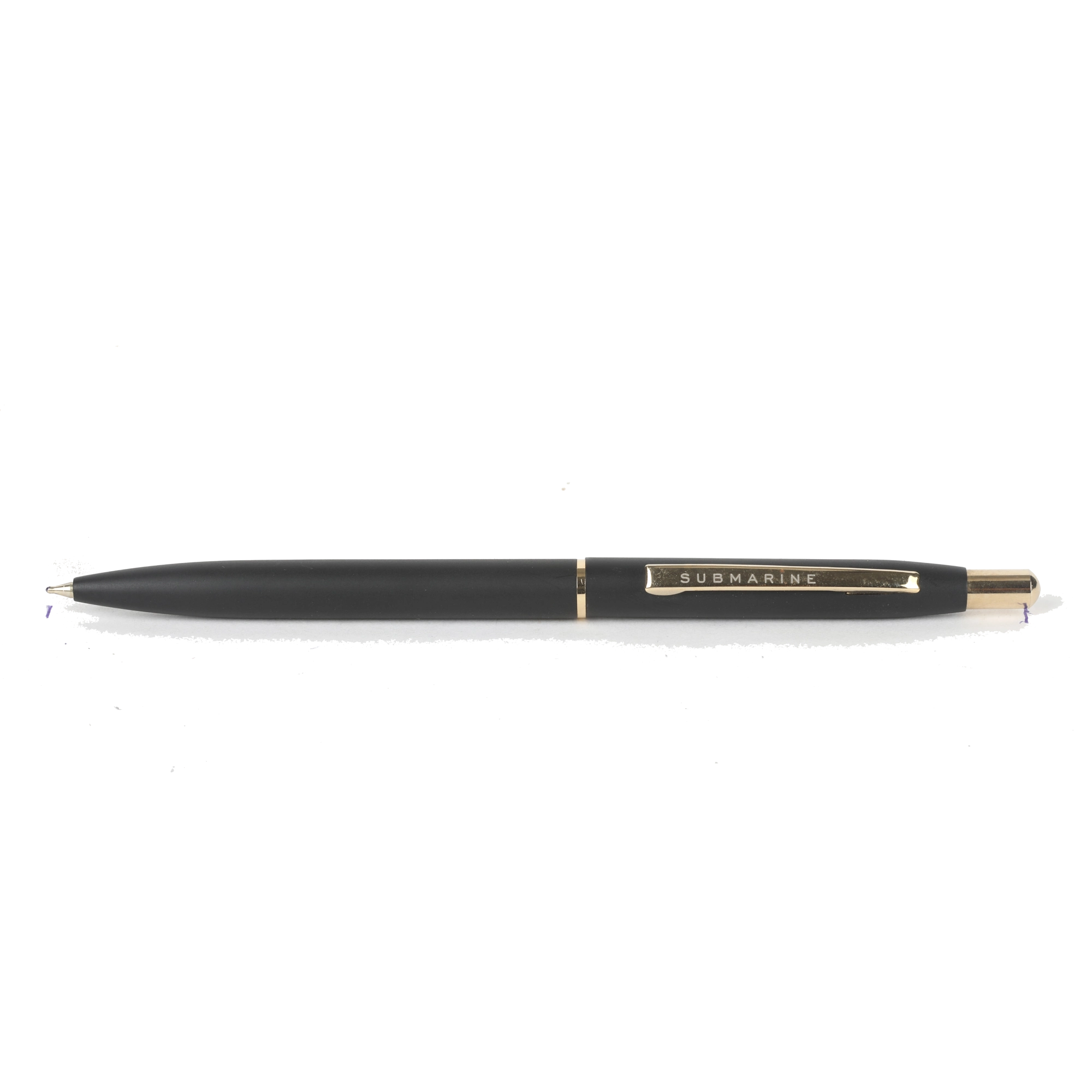Black pen with gold accents on a white background