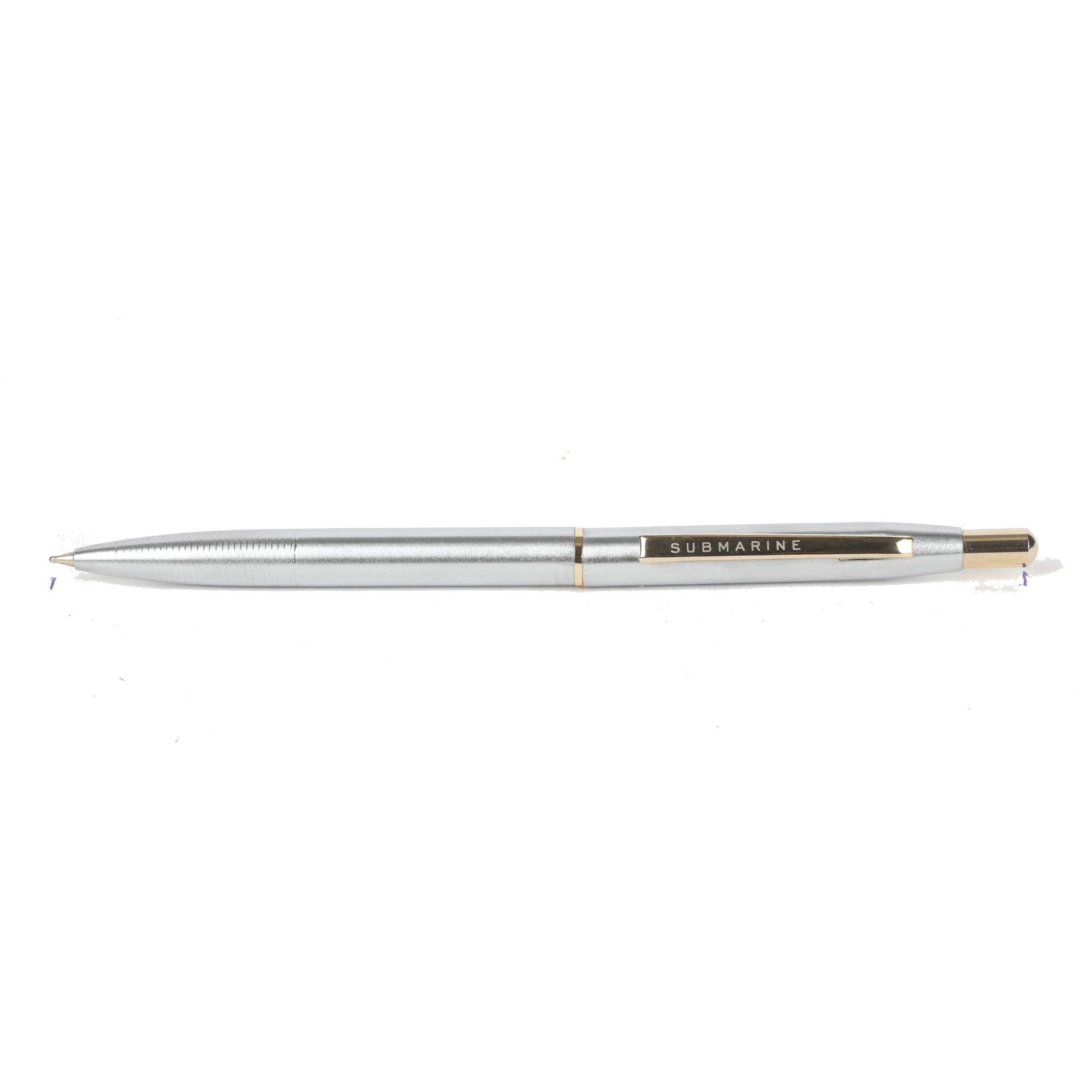 Silver pen with gold accents on a white background