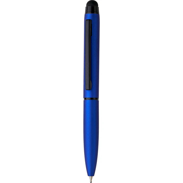 Blue pen with a stylus on a white background